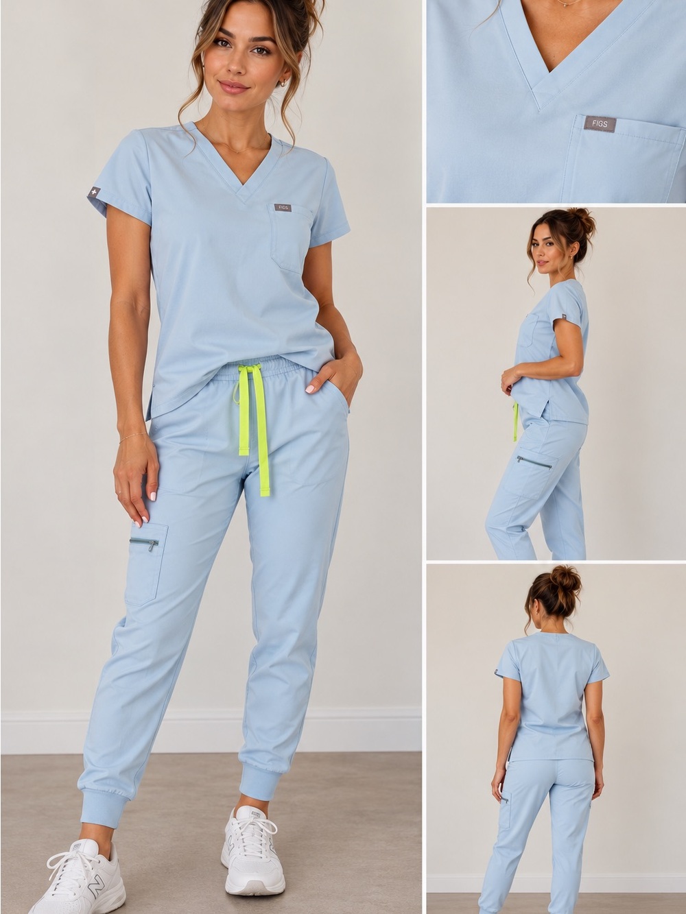 FIGS Women’s Light Blue Jogger Scrub Pants with Neon Yellow Drawstring